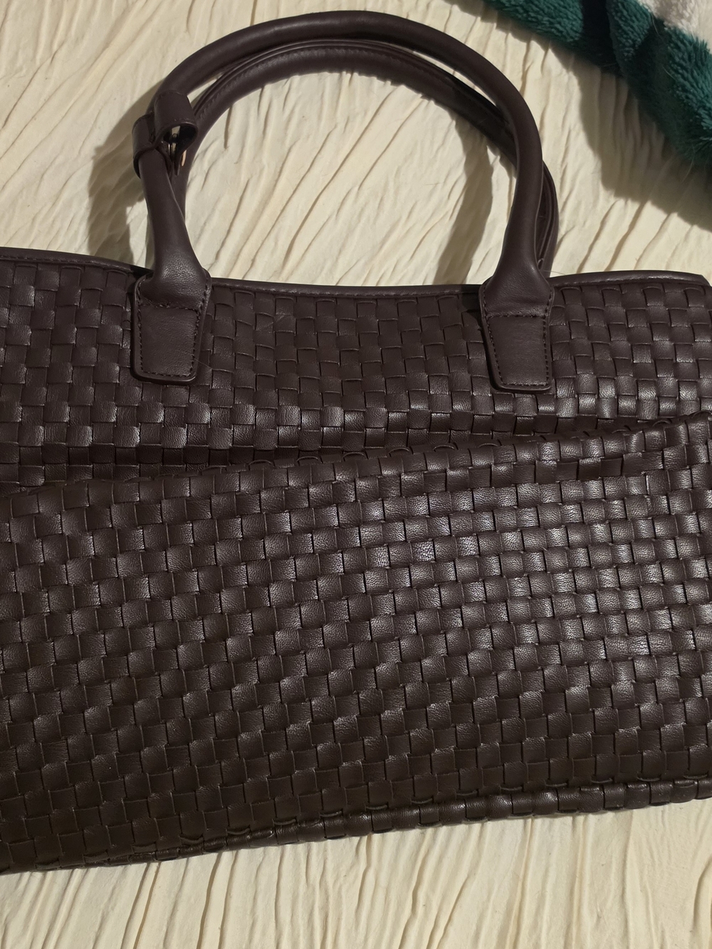 Woven Shoulder Tote Bag in Dark Brown